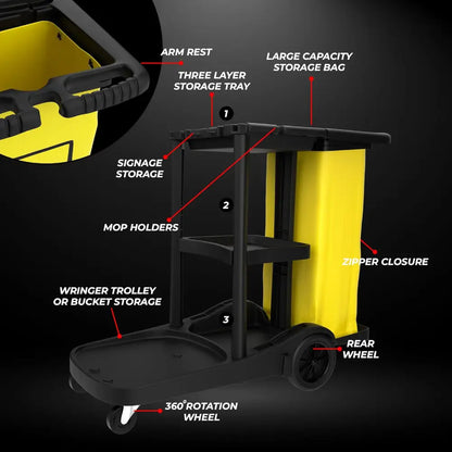 Cleaning Trolley Commercial Janitor Utility Cart Black