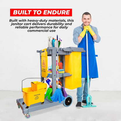 Cleaning Trolley Commercial Janitor Utility Cart Grey