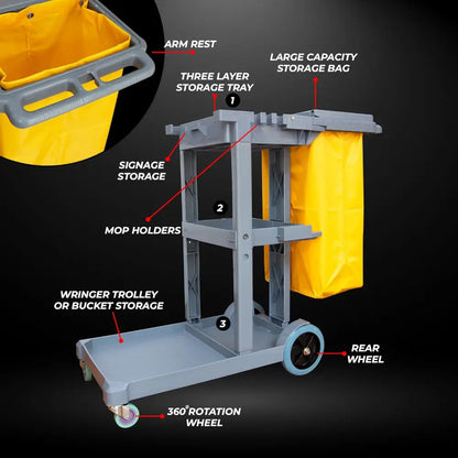 Cleaning Trolley Commercial Janitor Utility Cart Grey