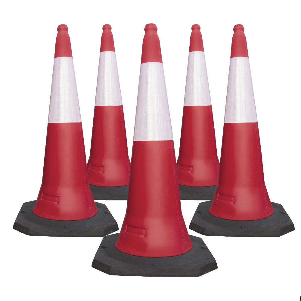 Five red and white traffic cones with black bases