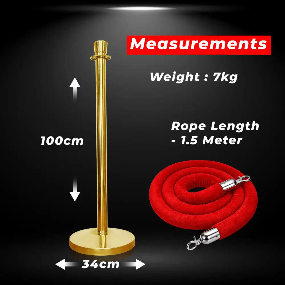 Gold Crowd Control Stanchions 100 CM with Red Velvet Rope 1.5 M
