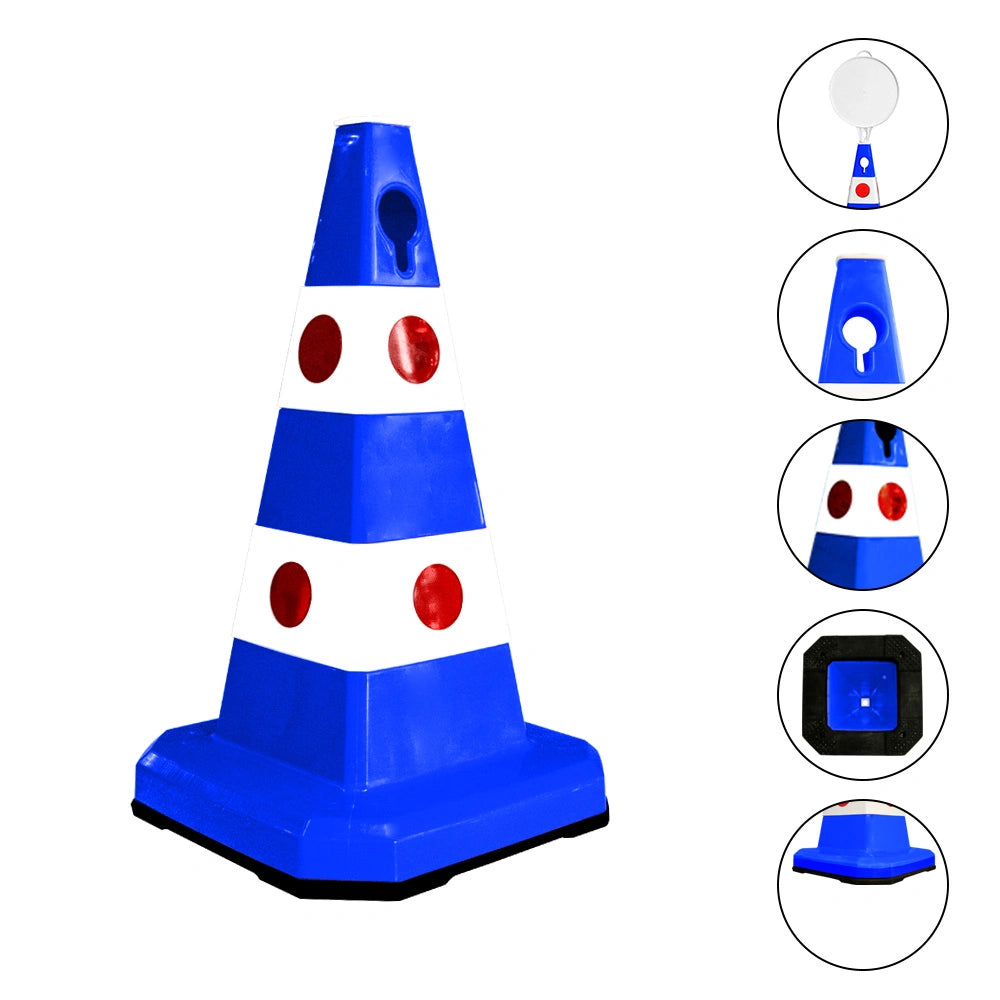 Blue and white striped traffic safety cone 