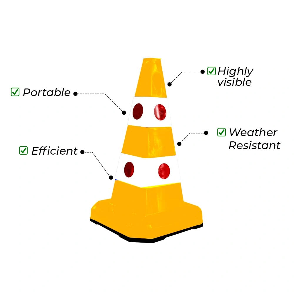 A yellow and white traffic safety cone 