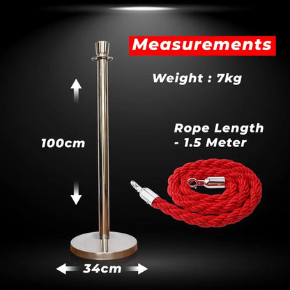 Premium Silver Crowd Control Stanchions 100 CM with Red Twisted Rope 1.5 M