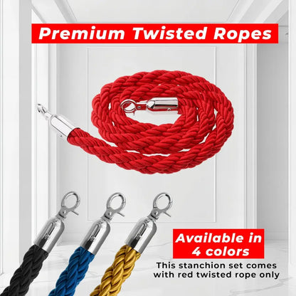 Premium Silver Crowd Control Stanchions 100 CM with Red Twisted Rope 1.5 M