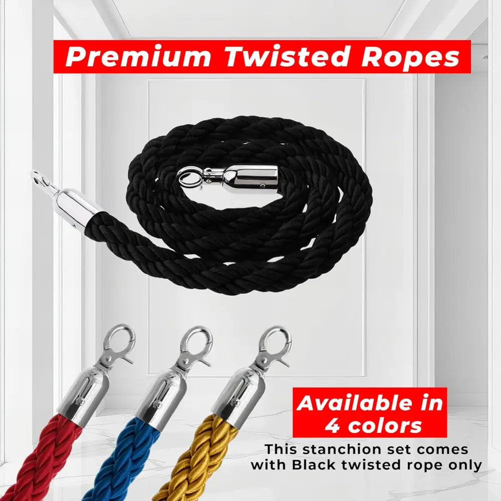 Premium Silver Crowd Control Stanchions 100 CM with Black Twisted Rope 1.5 M
