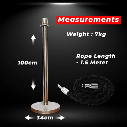 Premium Silver Crowd Control Stanchions 100 CM with Black Twisted Rope 1.5 M