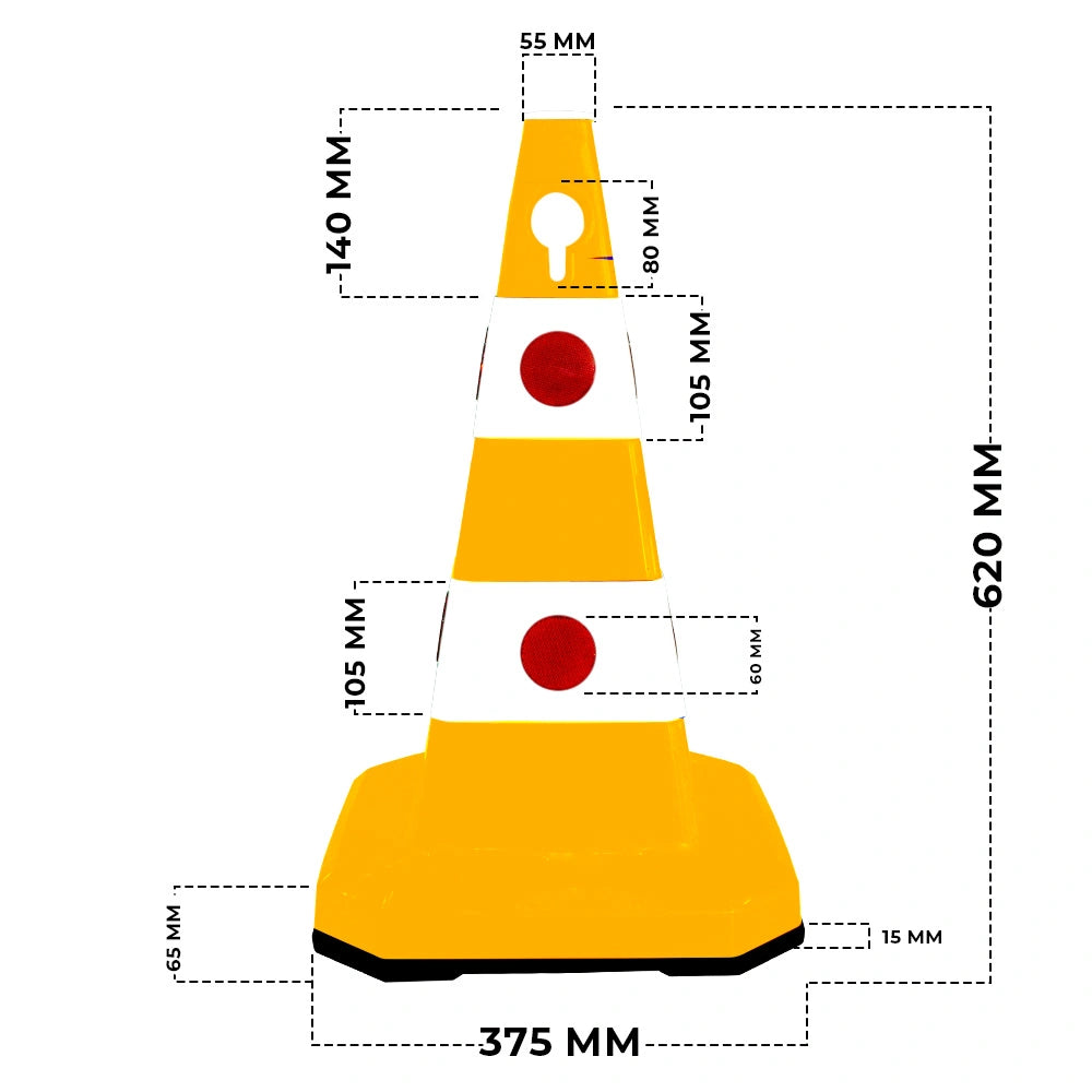 A dimension diagram of a traffic cone 