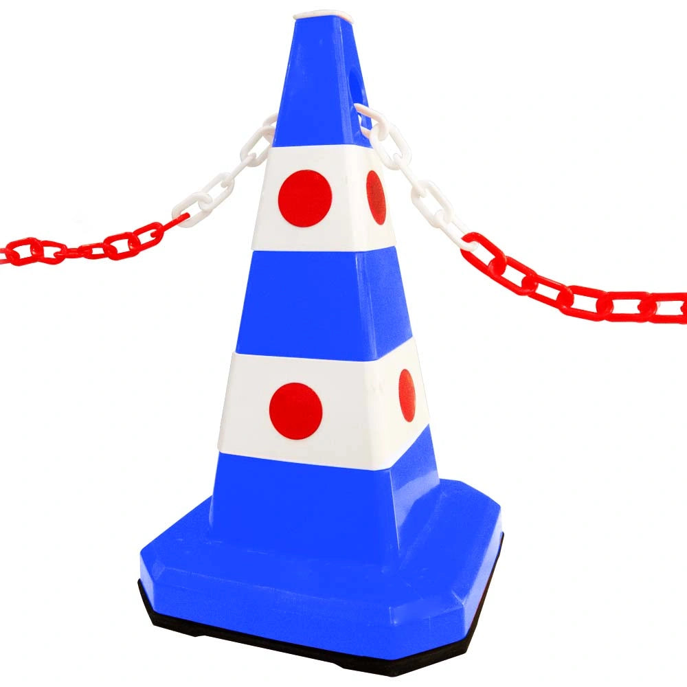A blue and white traffic safety cone 