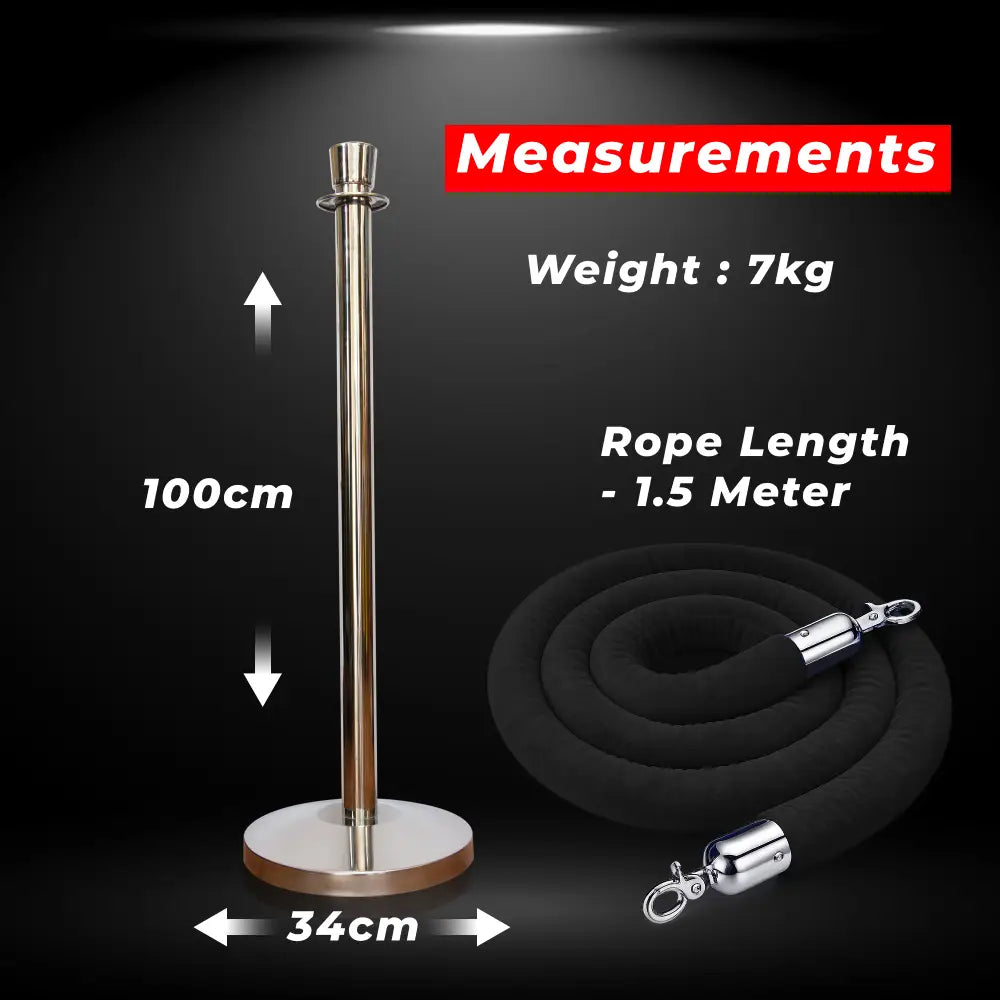 Silver Crowd Control Stanchions 100 CM with Black Velvet Rope 1.5 M
