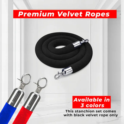 Silver Crowd Control Stanchions 100 CM with Black Velvet Rope 1.5 M