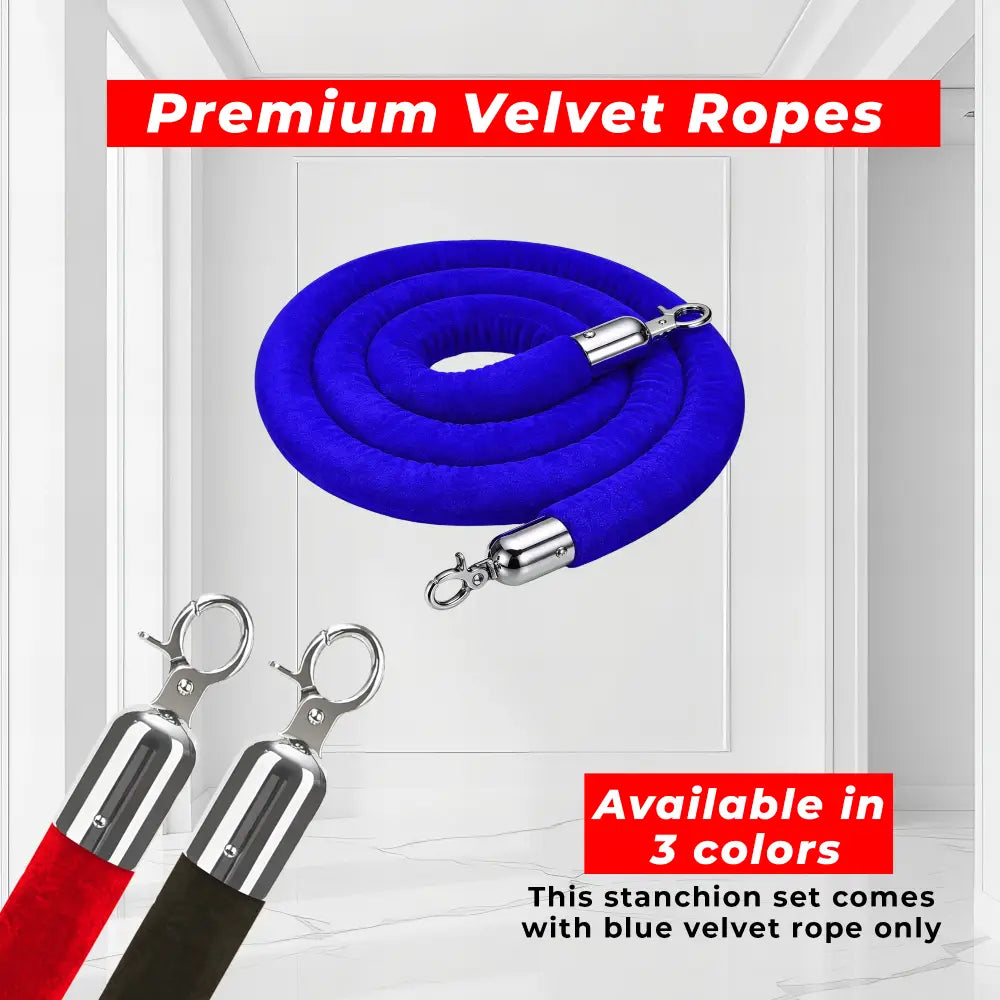 Silver Crowd Control Stanchions 100 CM with Blue Velvet Rope 1.5 M