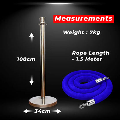 Silver Crowd Control Stanchions 100 CM with Blue Velvet Rope 1.5 M