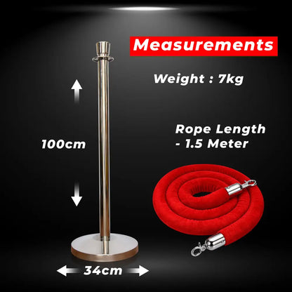 Silver Crowd Control Stanchions 100 CM with Red Velvet Rope 1.5 M
