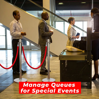 Silver Crowd Control Stanchions 100 CM with Red Velvet Rope 1.5 M