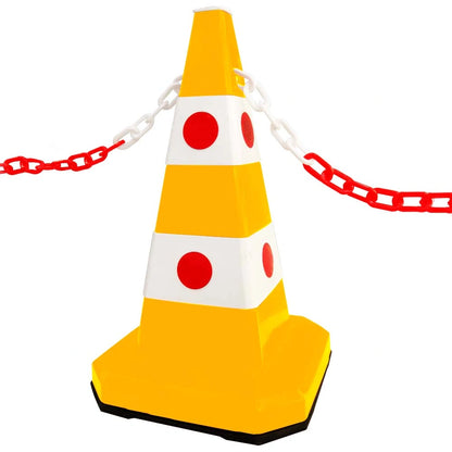 A yellow and white traffic safety cone 