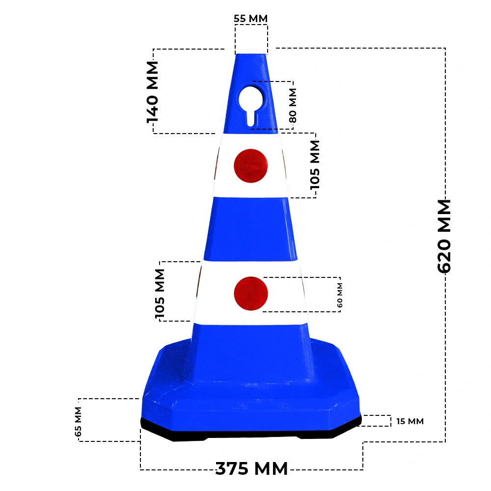 A blue and white traffic-style cone .