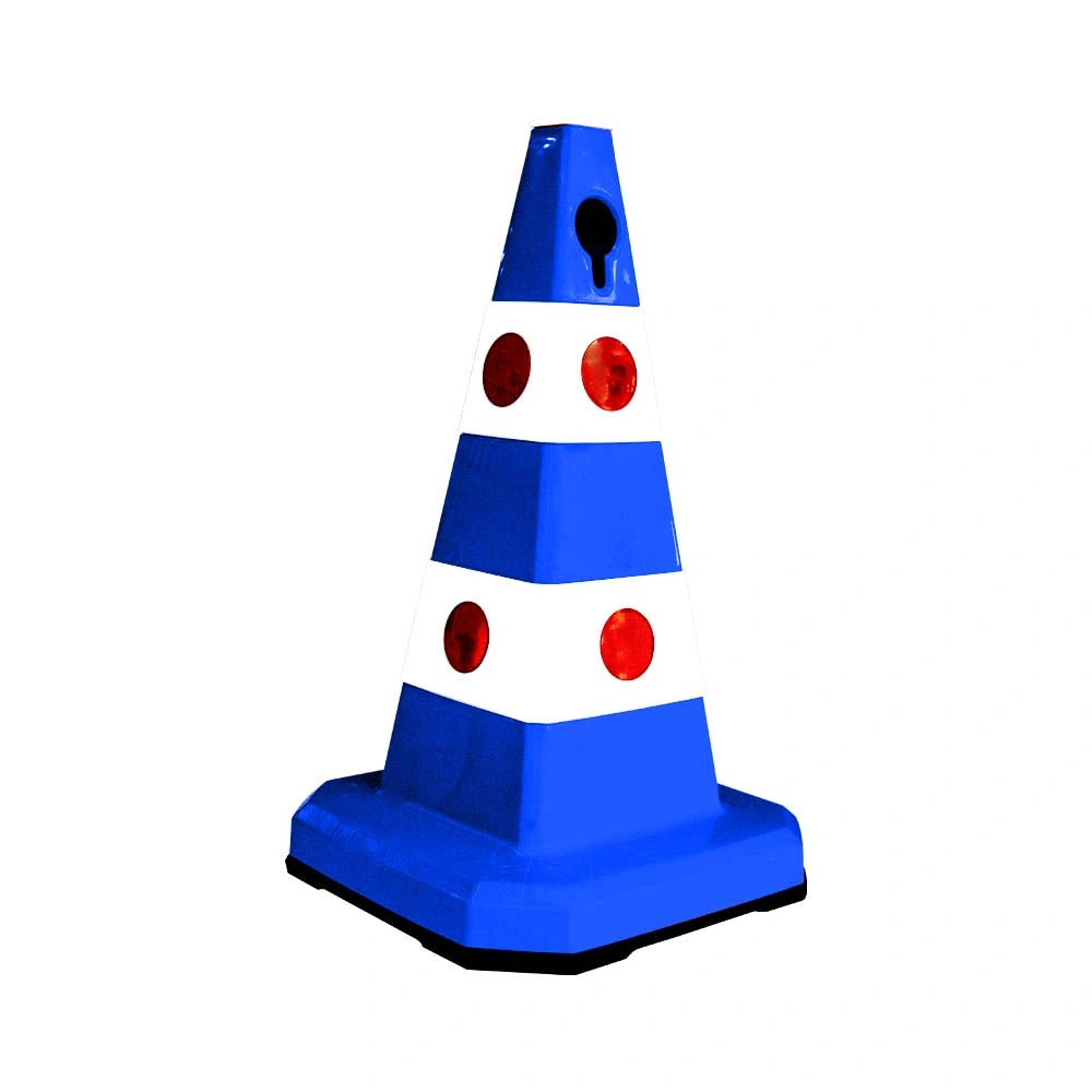 A blue and white traffic safety cone 