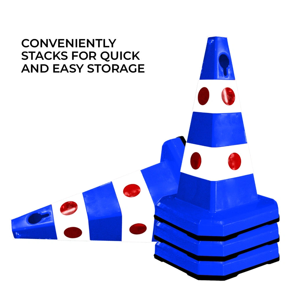 Blue and white traffic safety cones