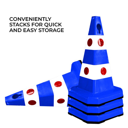 Blue and white traffic safety cones