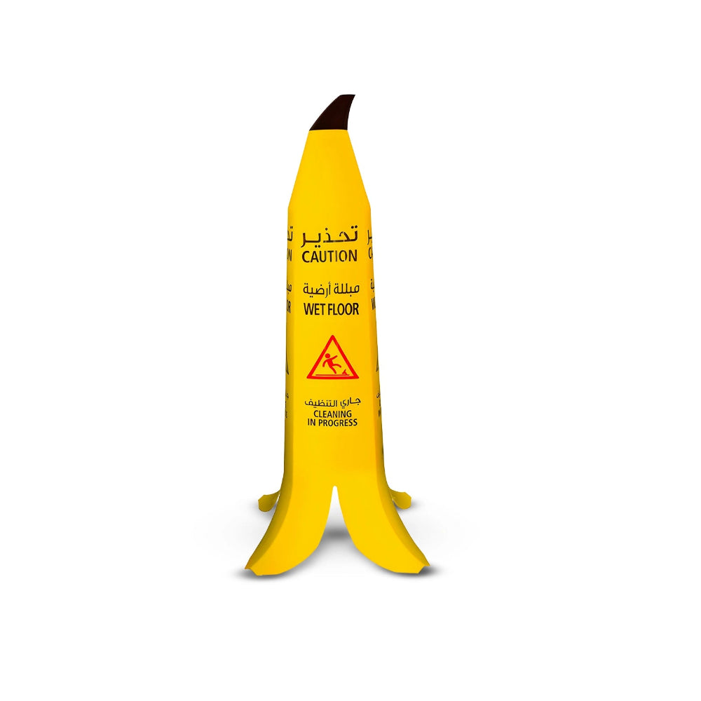 A novelty sign shaped like a peeled banana,