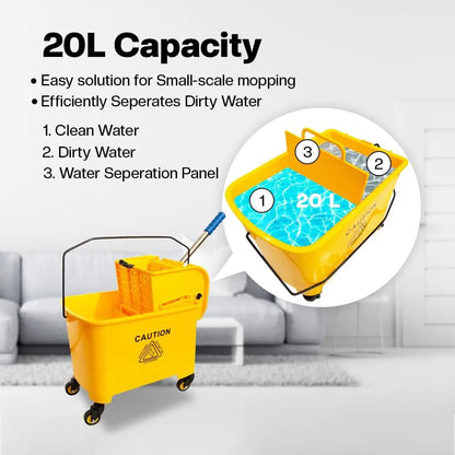 Wringer Mop Bucket Trolley with 4 Wheels Yellow - 20L
