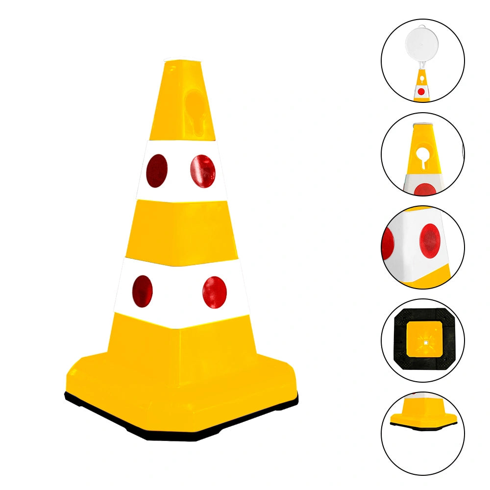 A yellow and white traffic safety cone 