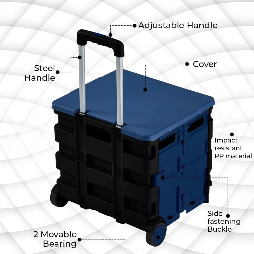 40KG Foldable Shopping Trolley - Blue and Black │40 KG Plastic Trolley Cart with 2 Wheels