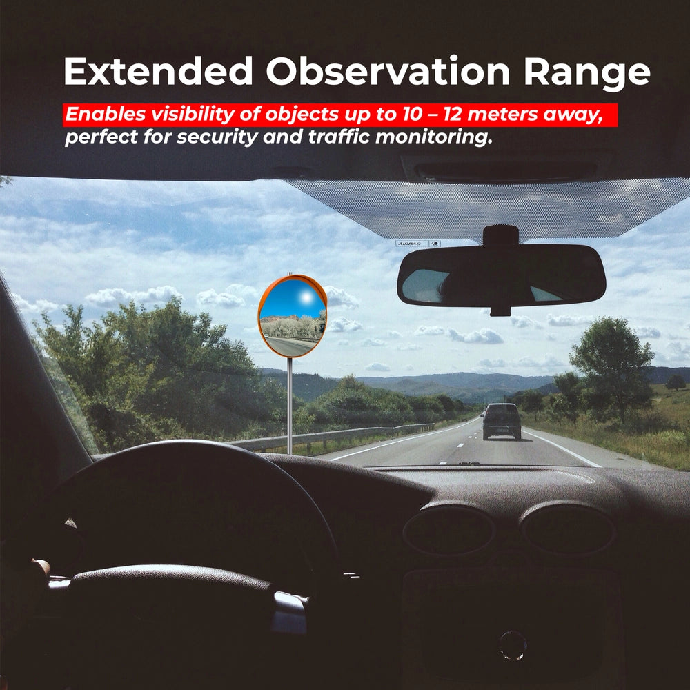 A car interior view looking out onto a highway with a small convex side mirror mounted on the left side of the windshield. Text at the top reads 'Extended Observation Range' and 'Enables visibility of objects up to 10–12 meters away, perfect for security and traffic monitoring.
