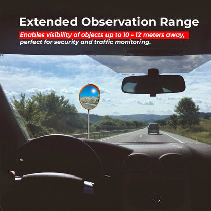 A car interior view looking out onto a highway with a small convex side mirror mounted on the left side of the windshield. Text at the top reads 'Extended Observation Range' and 'Enables visibility of objects up to 10–12 meters away, perfect for security and traffic monitoring.