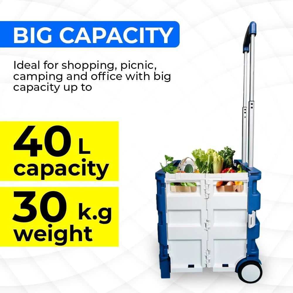 88lbs Foldable Shopping Trolley - Blue and White│40 KG Plastic Trolley Cart with 2 Wheels