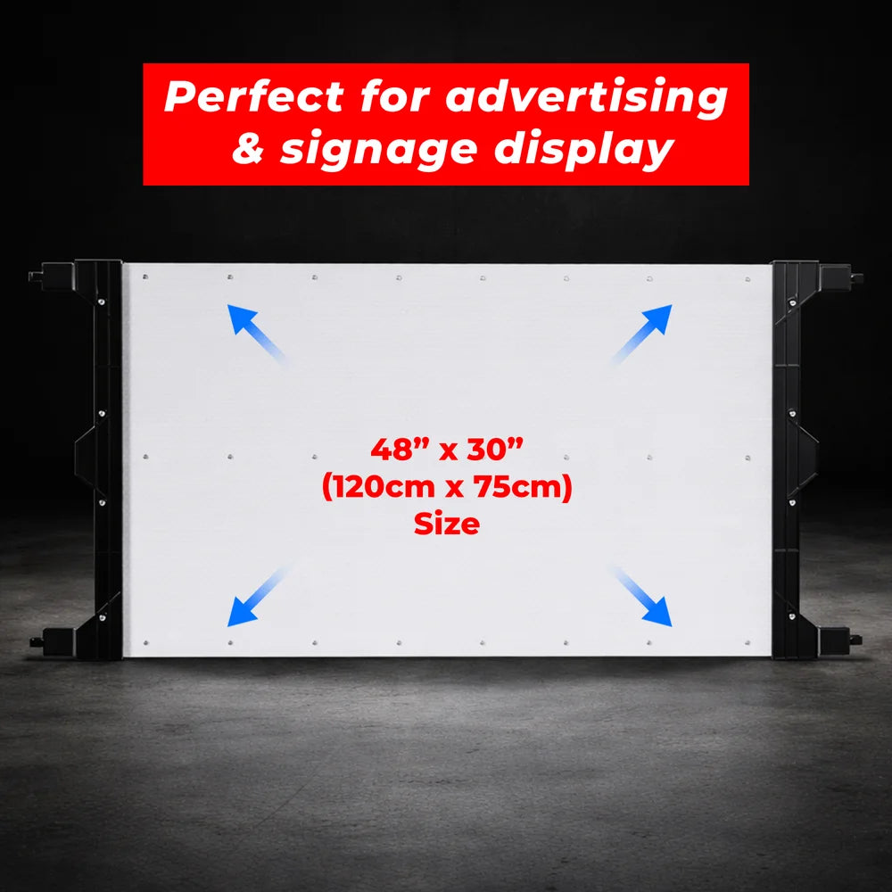 Safety barrier with black post and customizable sign panel for crowd and traffic management
