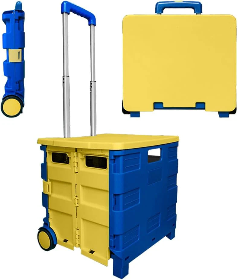 40-KG Foldable Shopping Trolley - Blue and Yellow │40 KG Plastic Trolley Cart with 2 Wheels