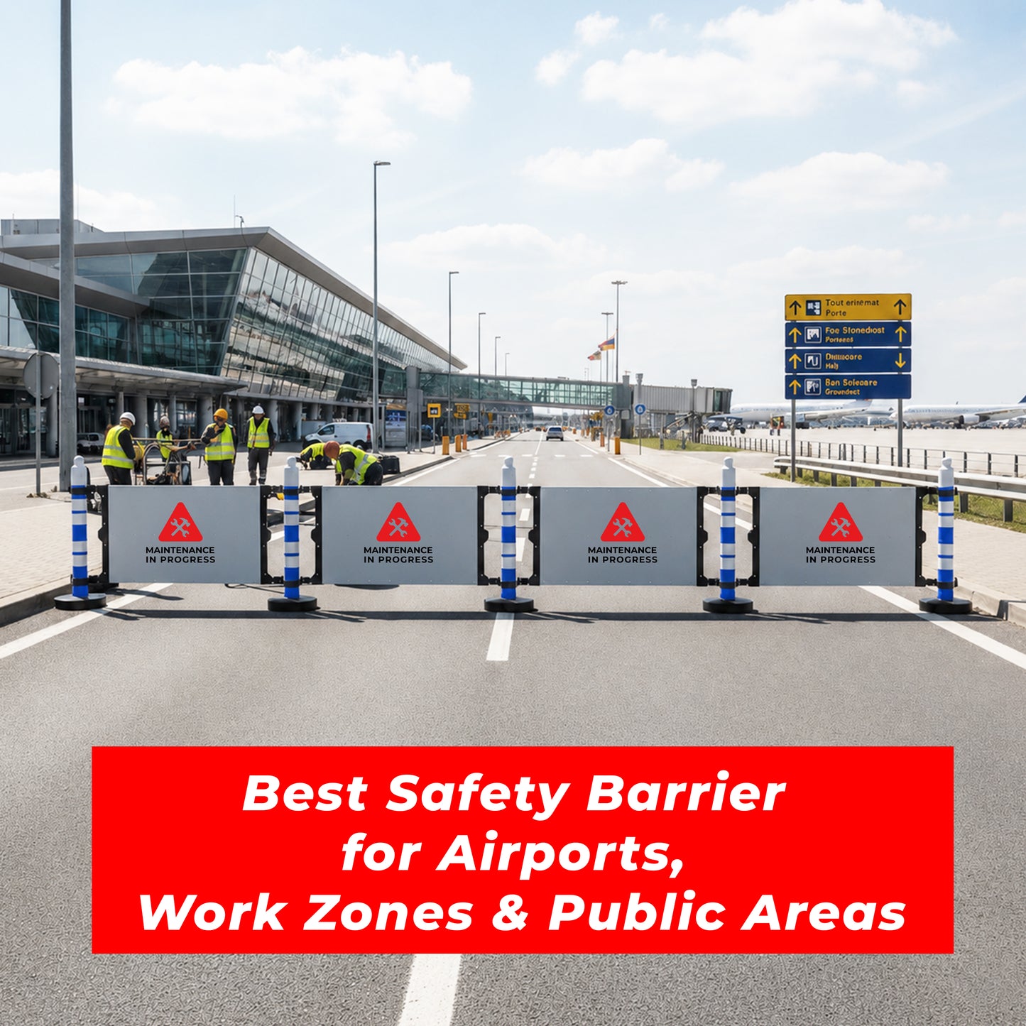 Blue post modular safety barrier with sign panel for temporary safety zones