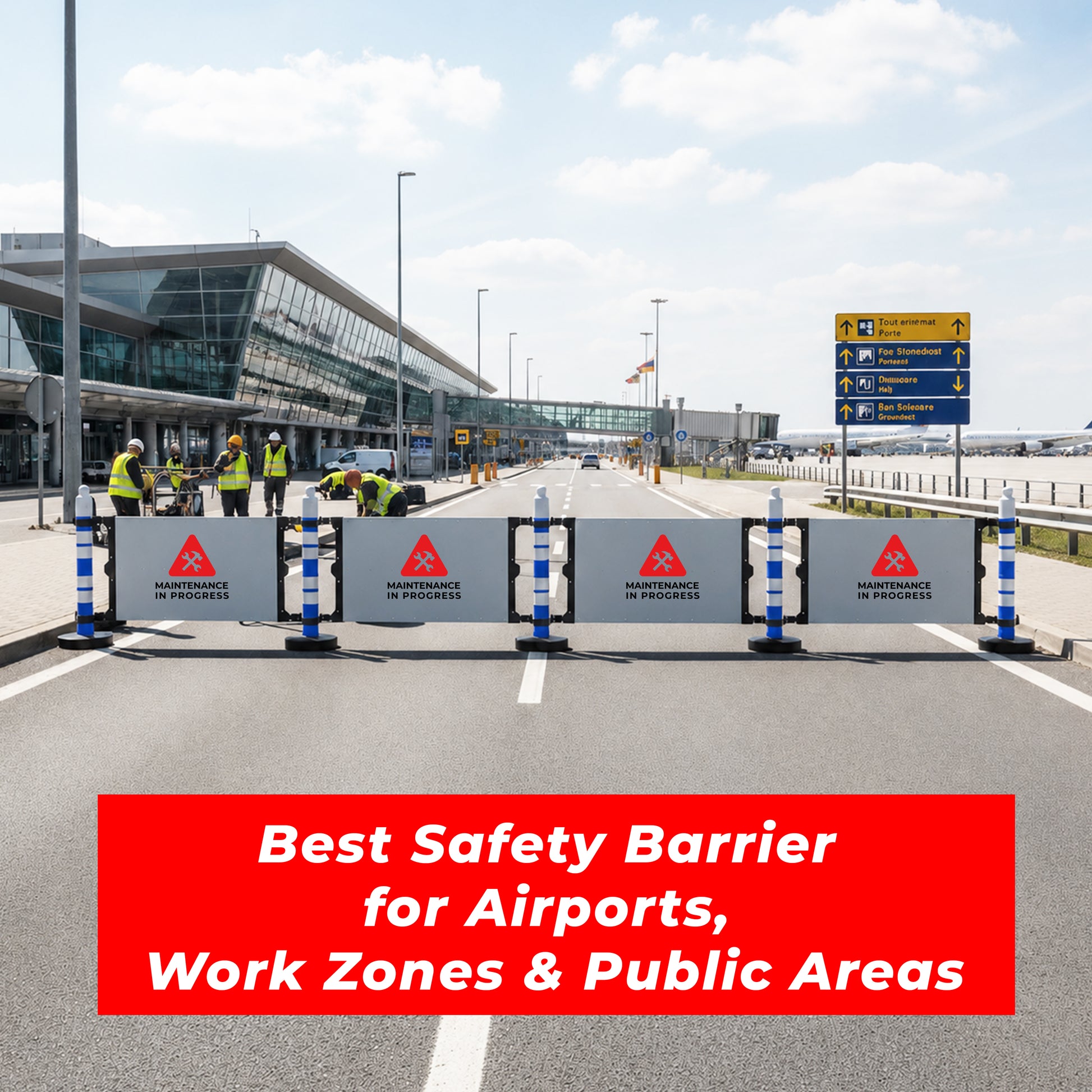 Blue post modular safety barrier with sign panel for temporary safety zones