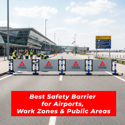Blue post modular safety barrier with sign panel for temporary safety zones