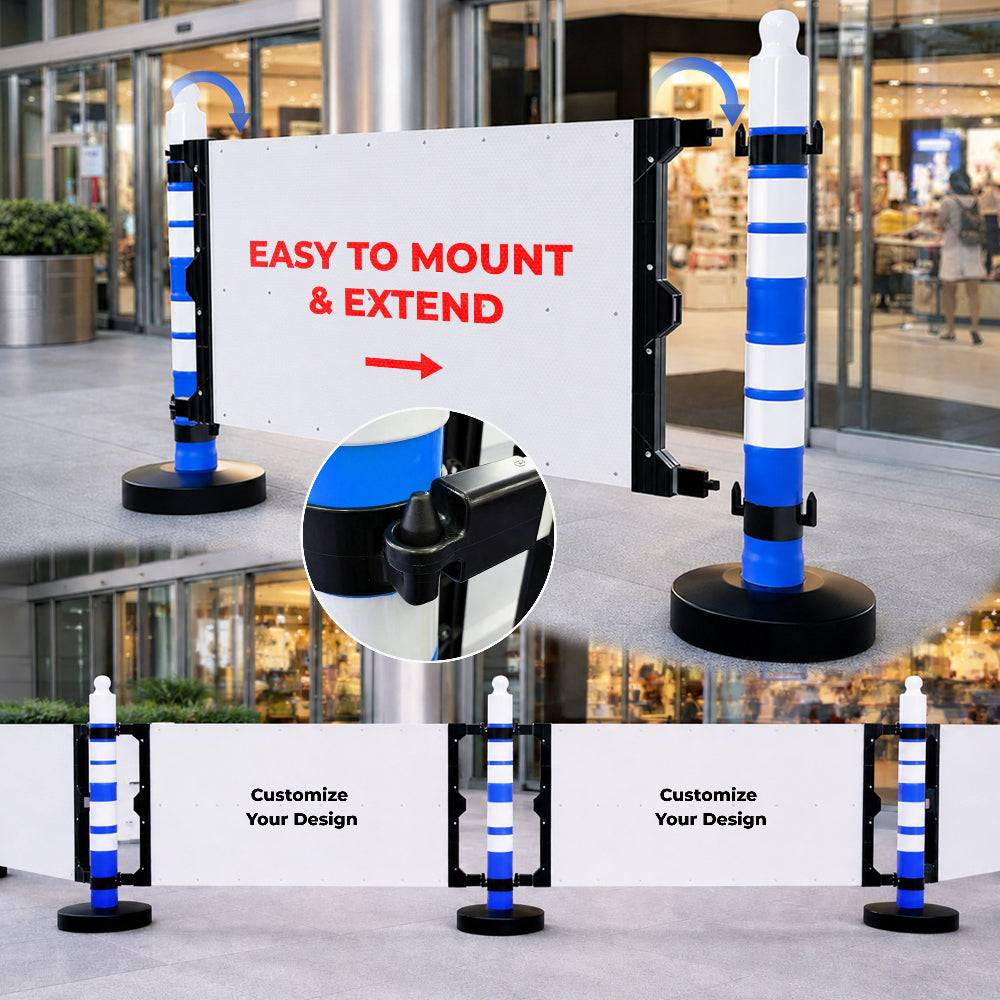 Safety barrier with blue post and customizable sign panel for crowd and traffic management