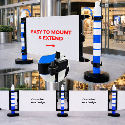 Safety barrier with blue post and customizable sign panel for crowd and traffic management