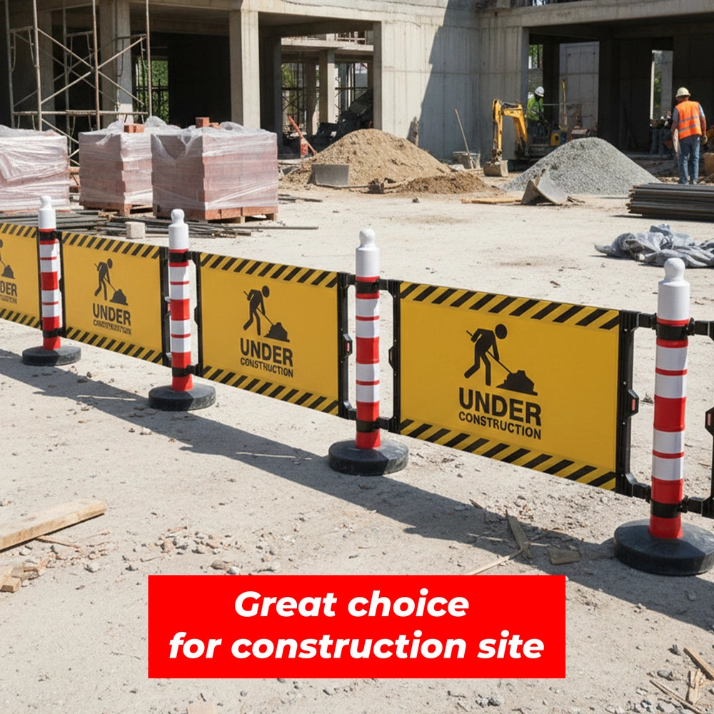 Construction site with barriers and workers, featuring a 'Great choice for construction site' text.