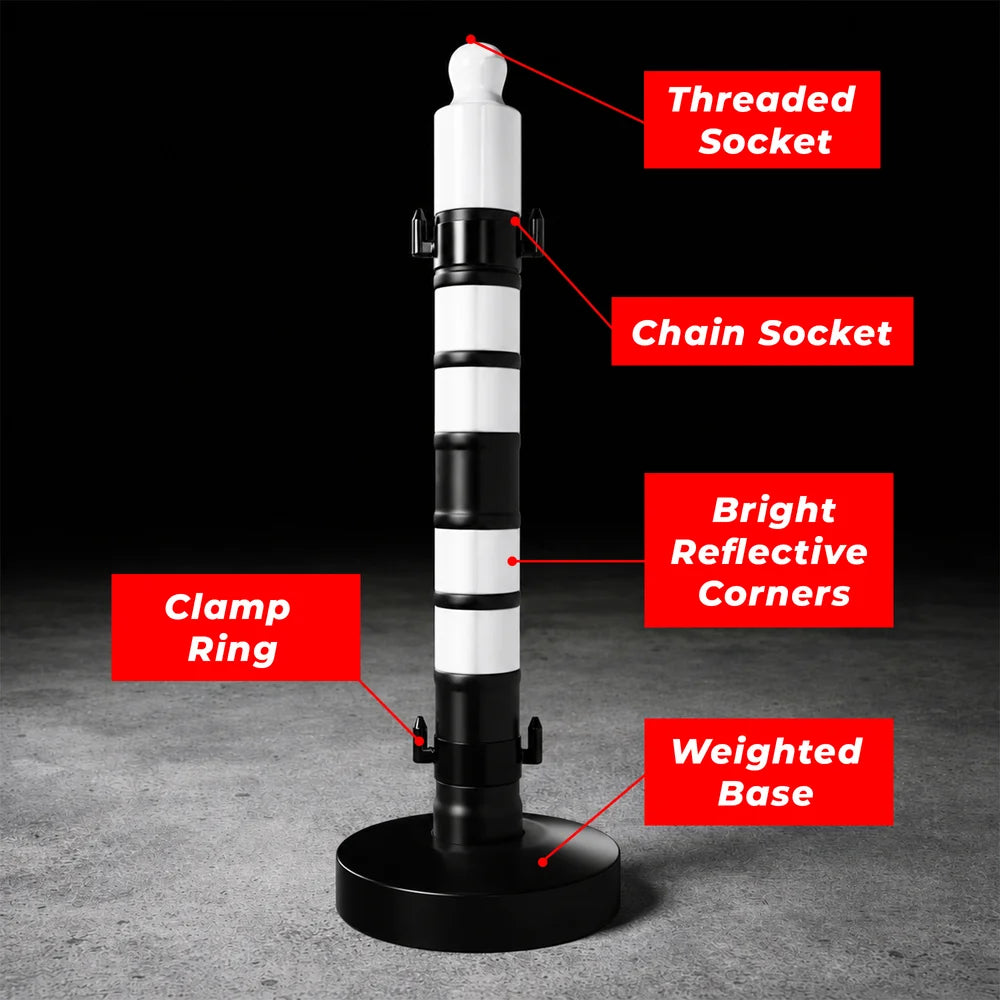 Customizable sign safety barrier with black post for hazard marking and guidance