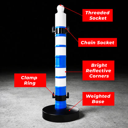 Customizable sign safety barrier with blue post for hazard marking and guidance
