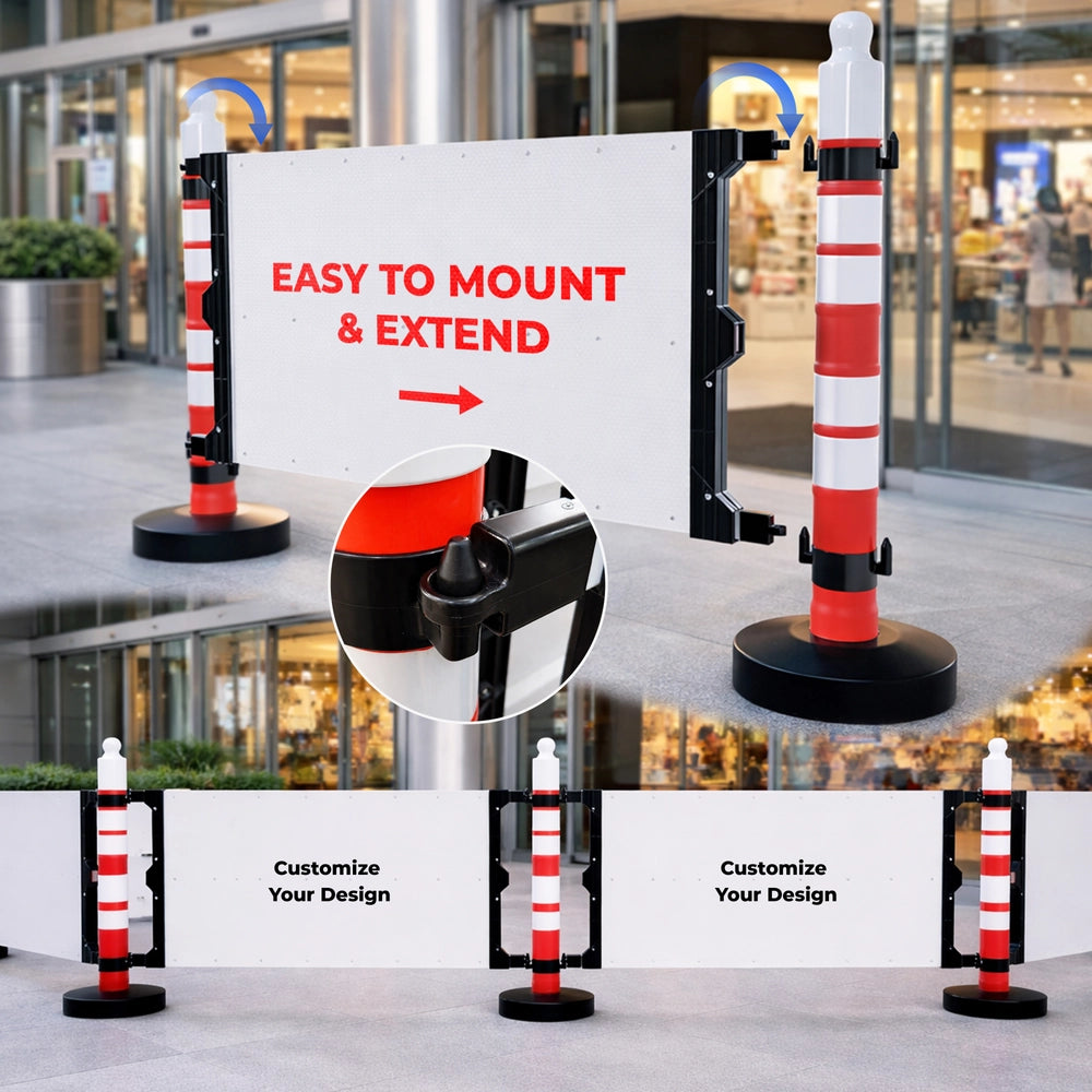 Set of red and white striped posts with mounting and extension features displayed against a blurred indoor background.