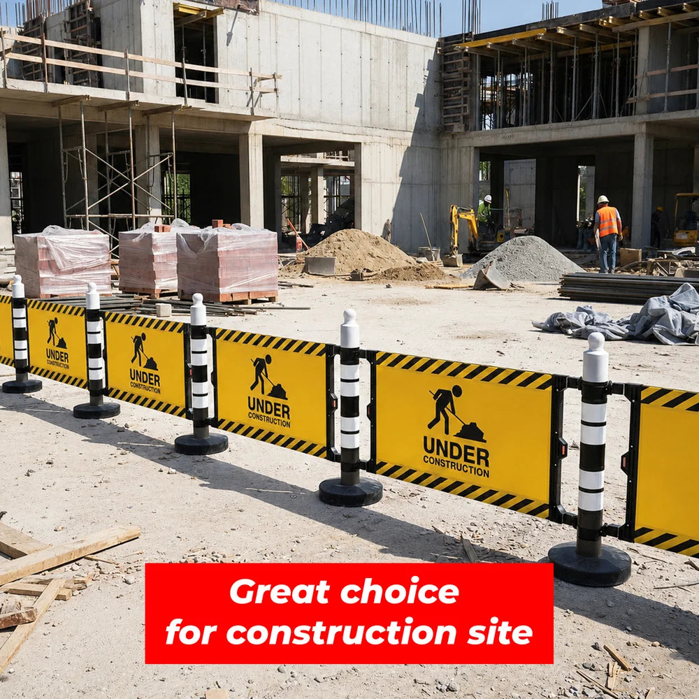 Safety barrier with customizable sign panel and black post for road safety and restricted areas
