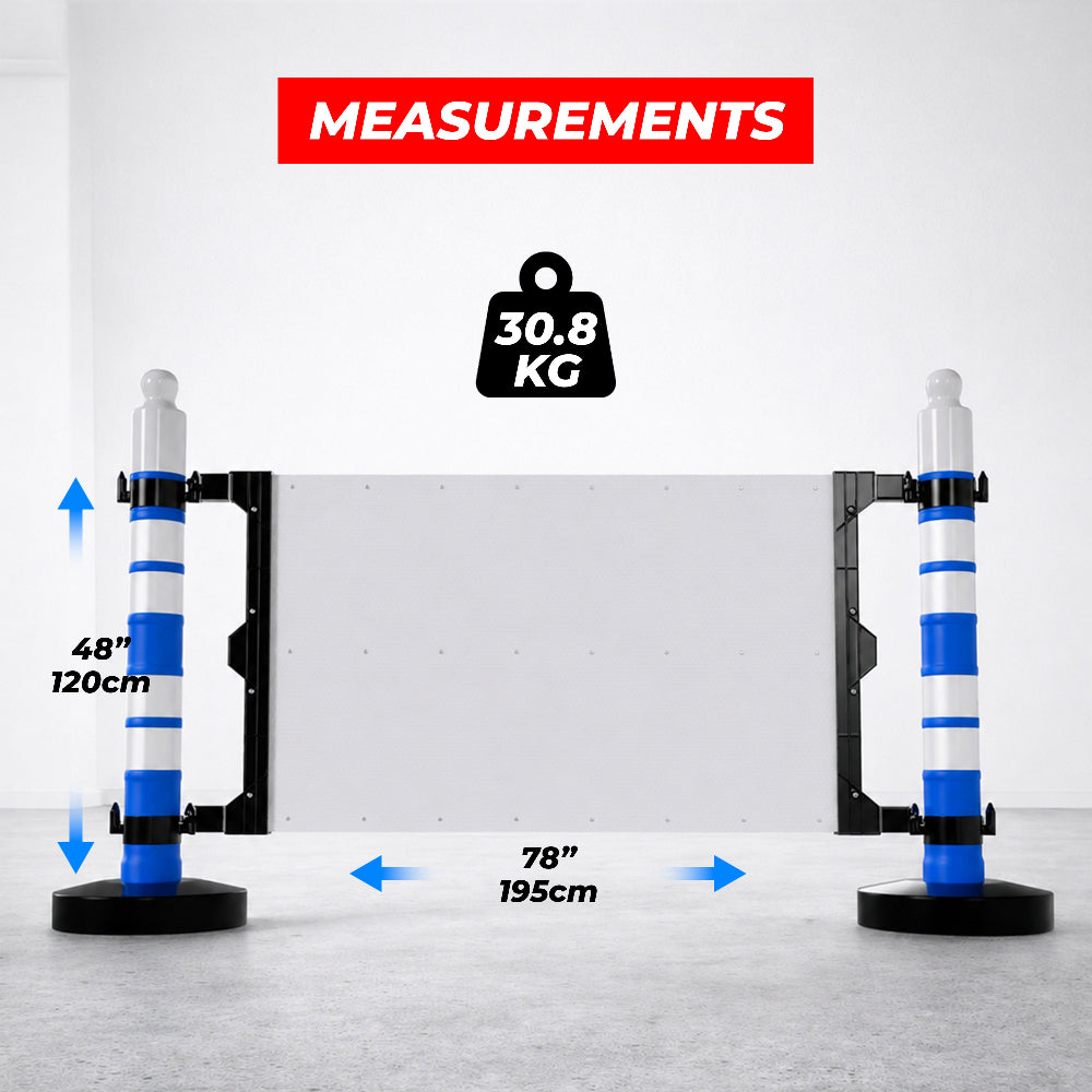 Safety barrier with customizable sign panel and blue post for road safety and restricted areas