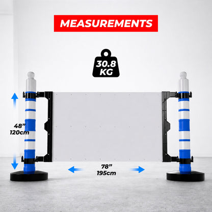 Safety barrier with customizable sign panel and blue post for road safety and restricted areas