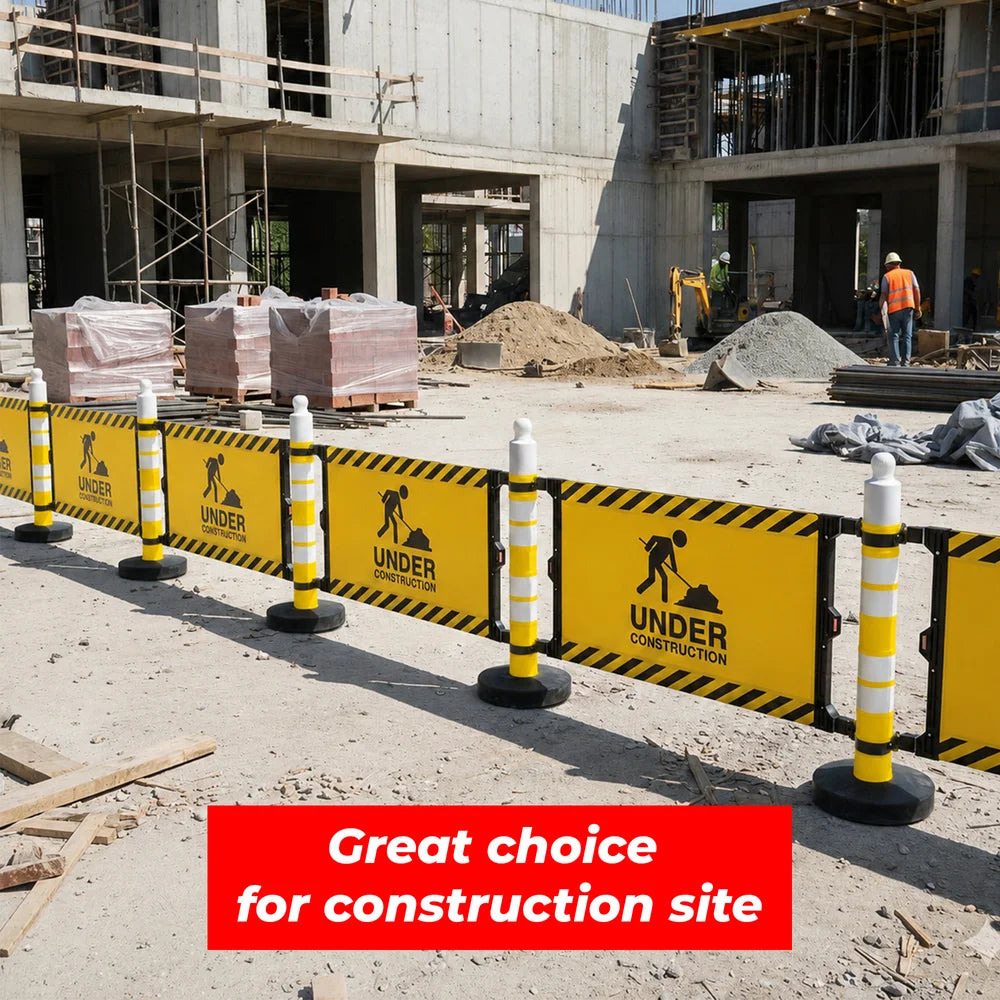 Safety barrier with customizable sign panel and yellow post for road safety and restricted areas