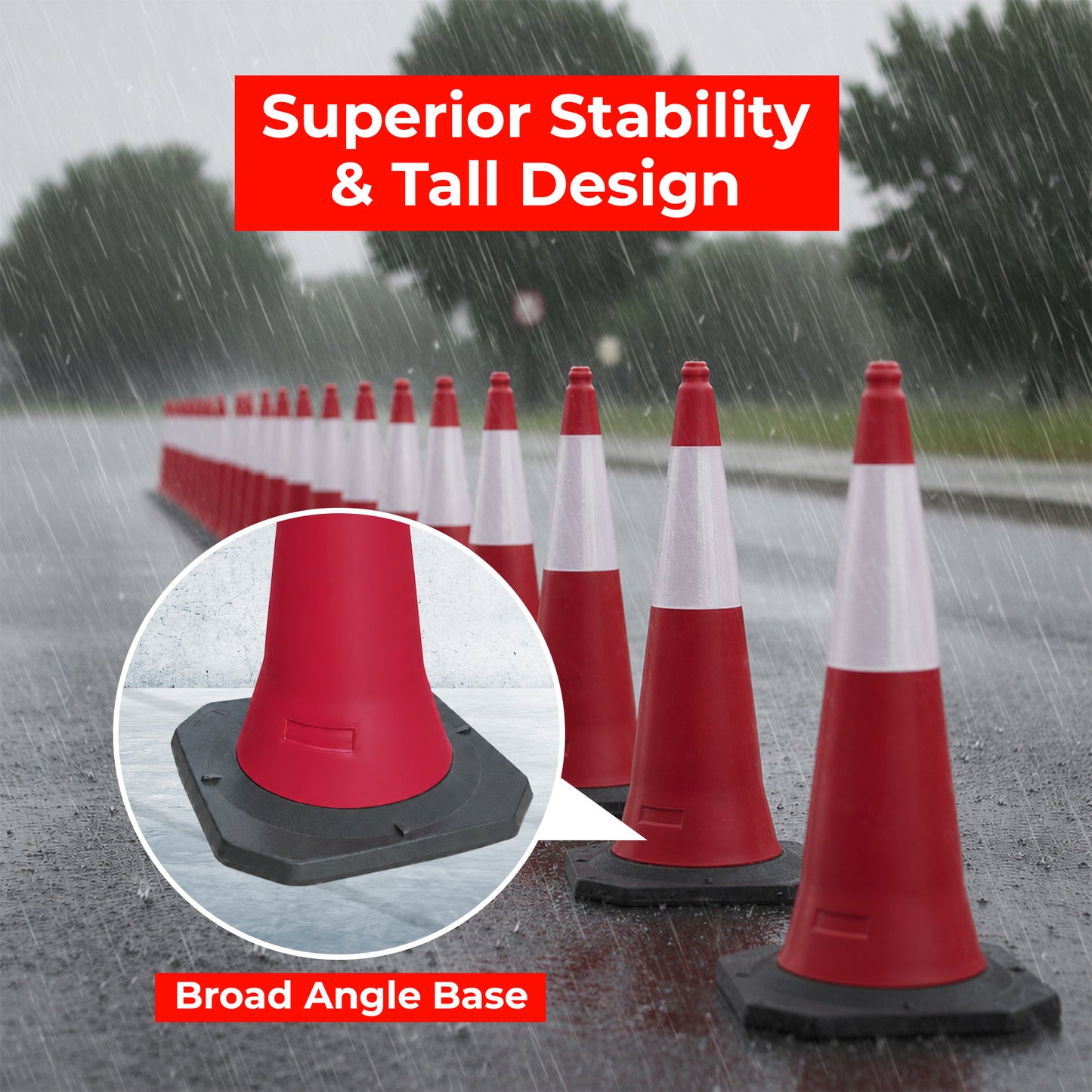 Durable 100cm red reflective traffic cone with weighted base for construction sites