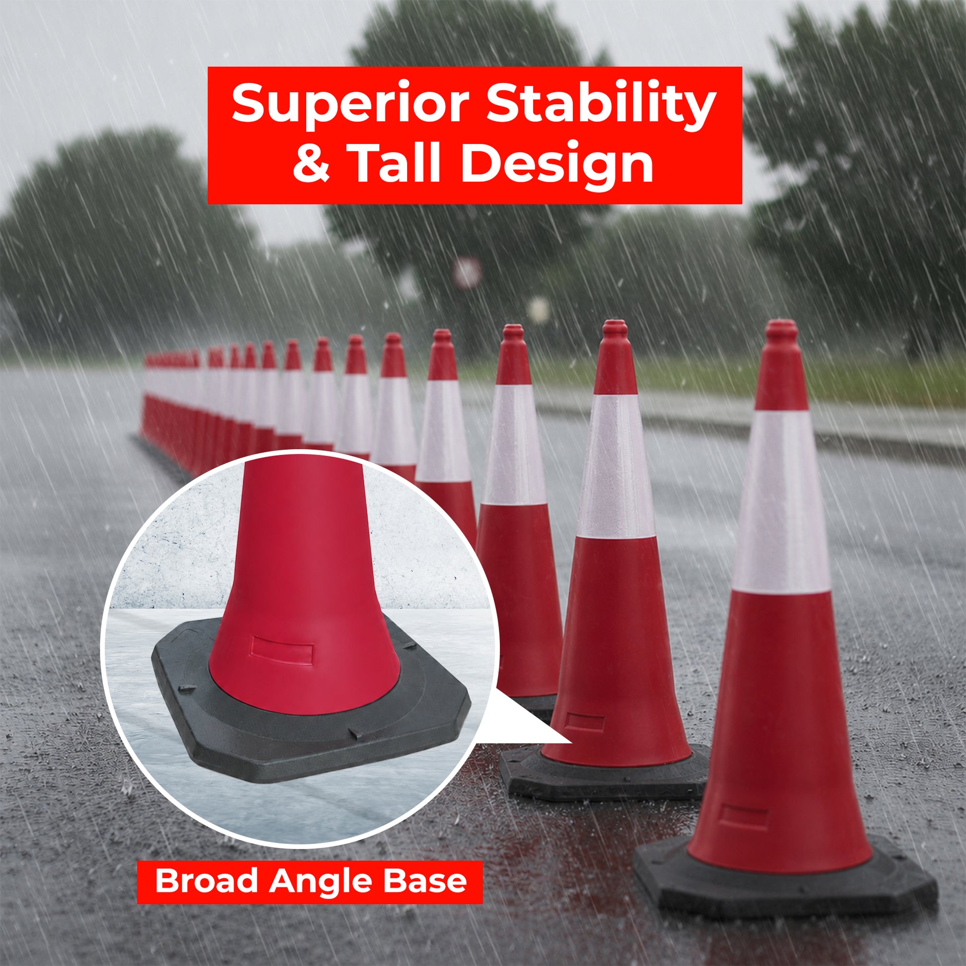 Durable 100cm red reflective traffic cone with weighted base for construction sites