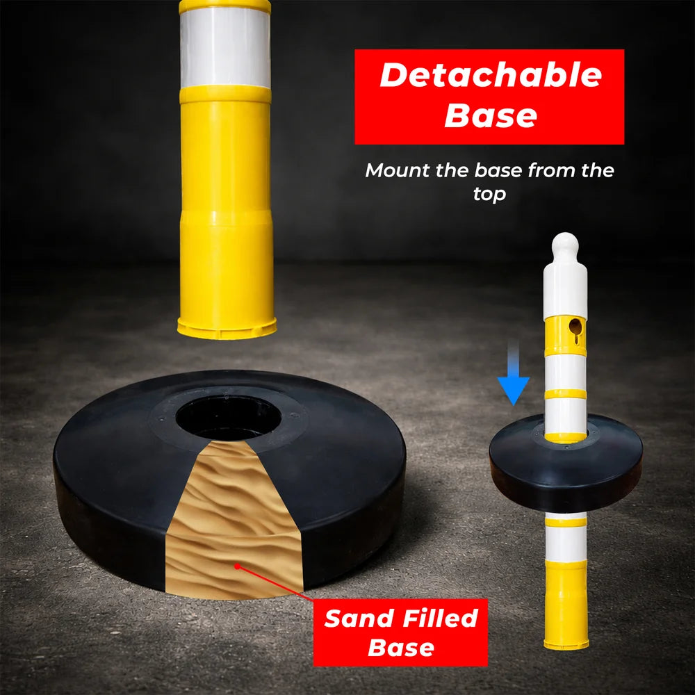Durable modular safety barrier with customizable sign panel and yellow post for long term safety use