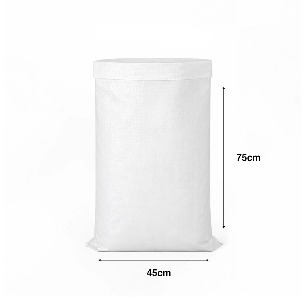White sand bag with dimensions and sand capacity label on a white background